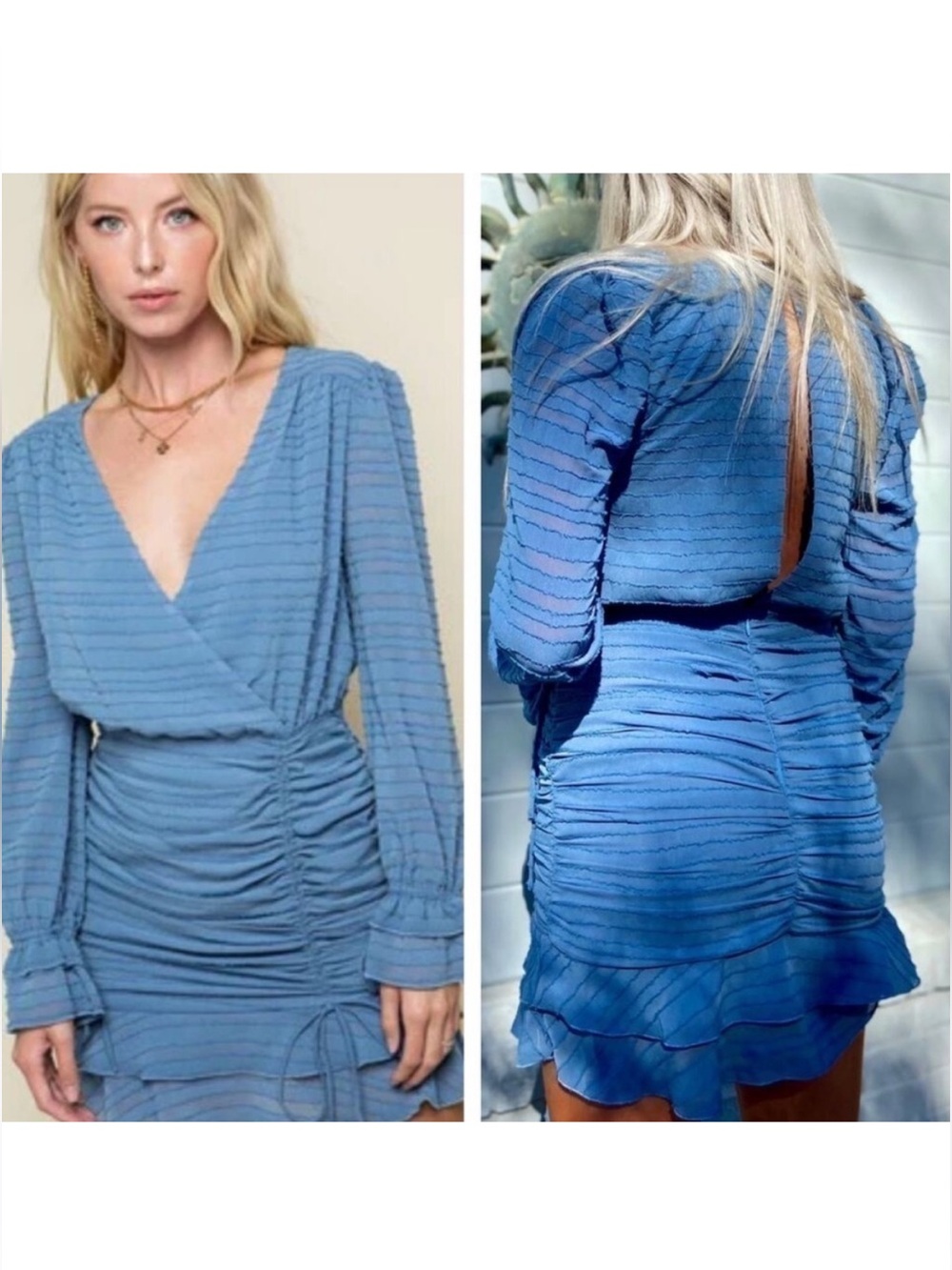 STYLE RACK Summer Sky Dusty Blue V-Neck Ruched Long-Sleeve Mini Dress - Picture 2 of 8